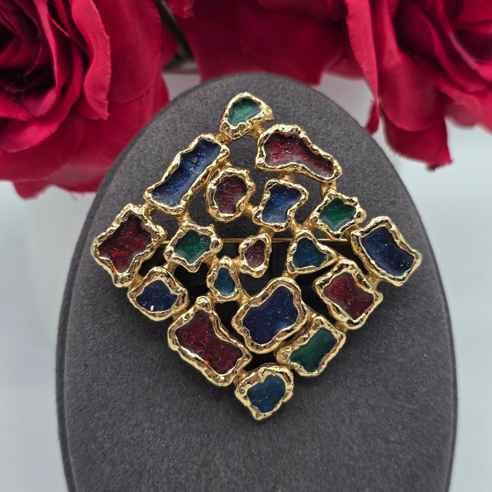 Vintage Brutalist Gold Tone Stained Glass Enamel Square Brooch Pin 2 Inch